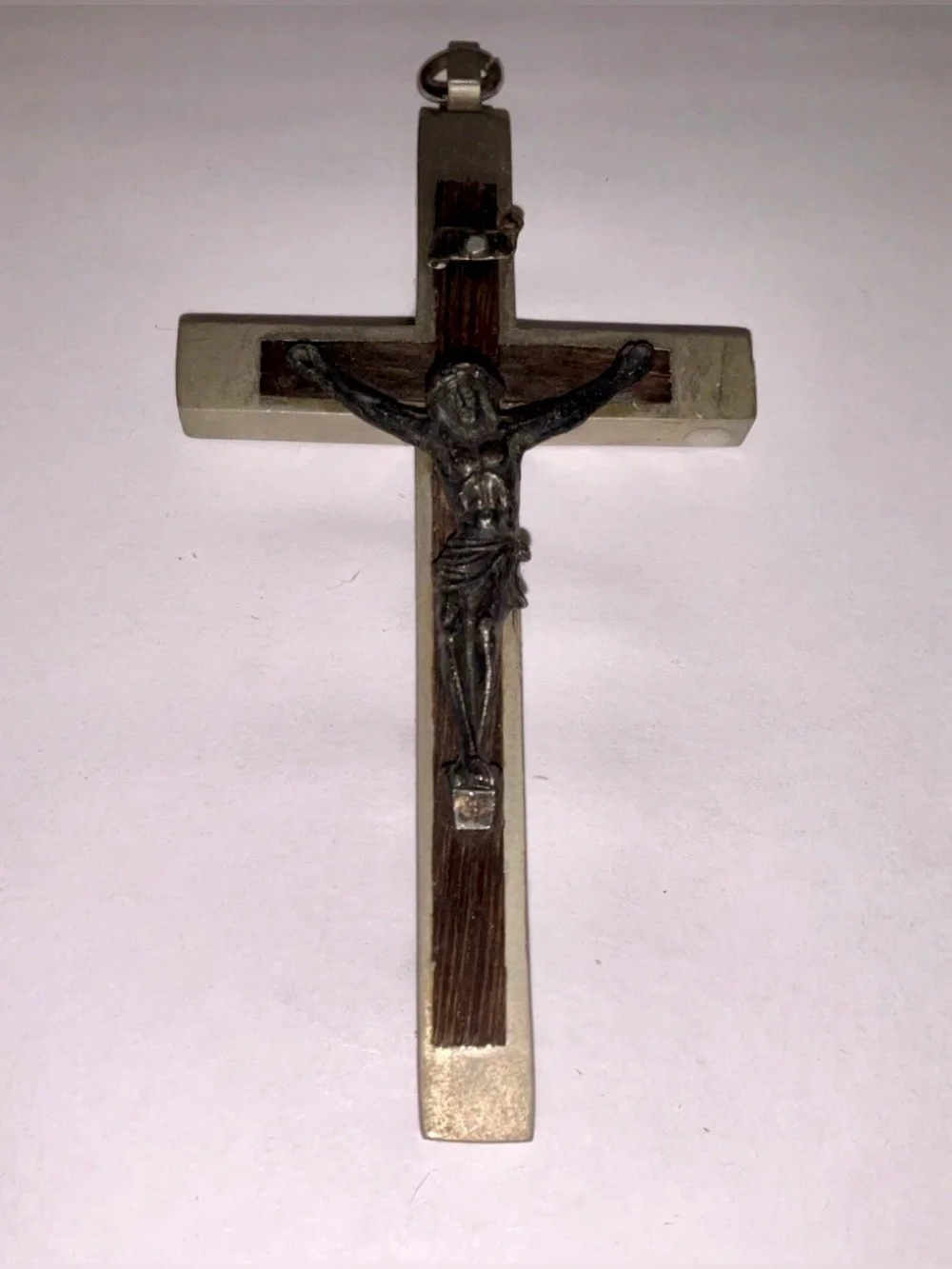 Vintage Italy Brown Enamel Crucifix Cross Pendant Catholic Silver Tone 3.5”